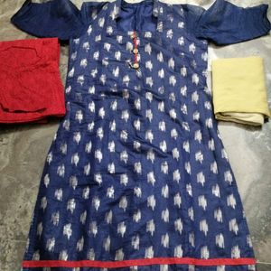 Blue Kurti Red Churi Cotton Pant And Cream Dupatta