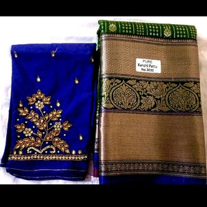 Beautiful Dark Green And Blue Semi Pattu Saree