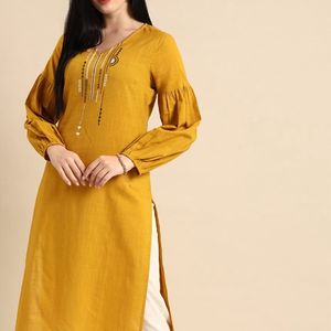 Kurta For Women Mustard Yellow And White Geometry