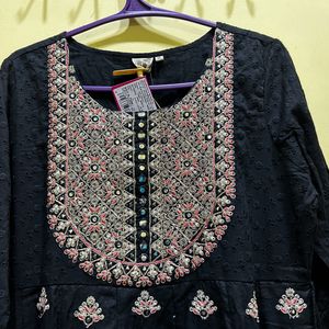 Neerus Embroidery Black Anarkali Kurta Set Size XL