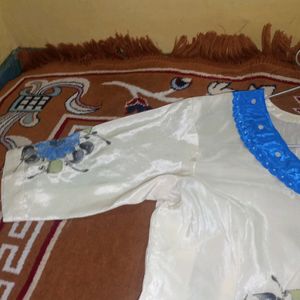 White Kurti With Blue Floral Work