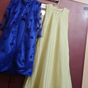 Lemon And Blue Ethinic Gown With Jacket