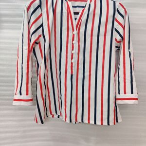 Cream Shirt With Orange And Blue Stripes