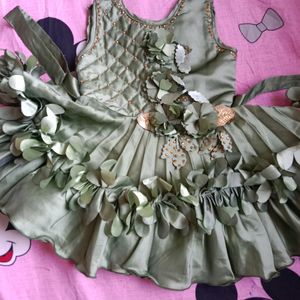 Olive Green Colour Frock For 6-12 Months Girl