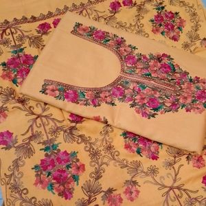 Kashmiri Aari Work  Dress Material Yellow