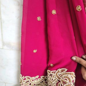 Hot Pink Pearl Work Saree