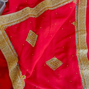 Red Mirror Work Saree