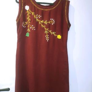 Maroon Embroidered Sleeveless Straight Summer Wear