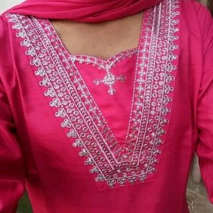 v-line Kurta Set With Pant And Dupatta