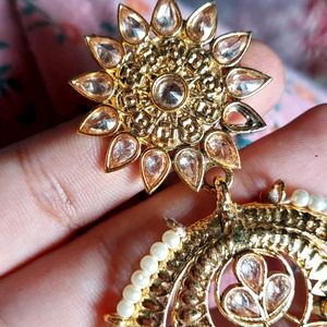 White Gold Pearl Kundan Chandbali Earrings