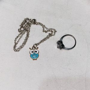 Owl Charm Pendant And Heart AD Ring