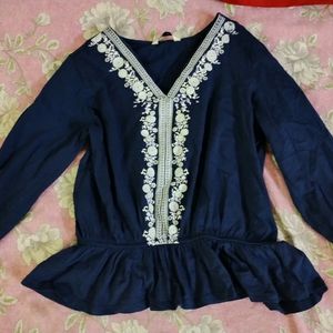 V Neck Navy Blue Cinched Waist Top