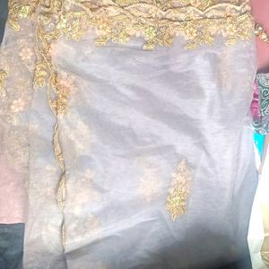 Silver Lengha With Green And Pink Contrast