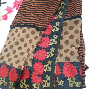 Georgett  Brown Saree With Red Floral Border