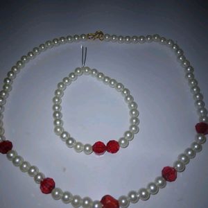 3 Red Charm Stones & Pearls:1 Bracelet,Necklace