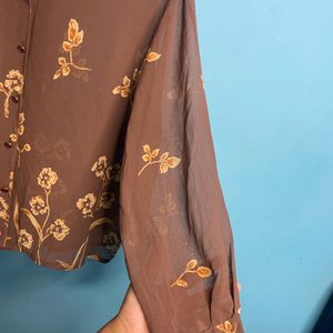 Brown Floral Print Sheer Shirt