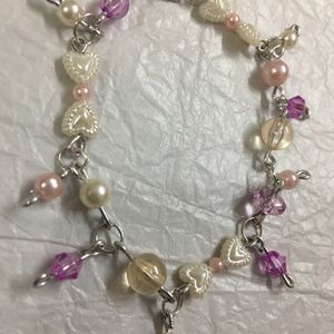 Purple Crystal,Pearl Heart And Pink Bead Bracelet