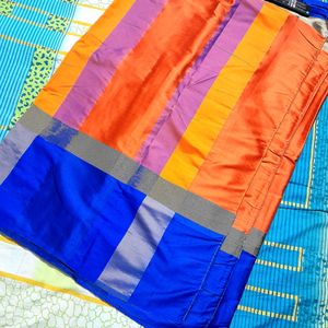 Orange and Blue Colour With Golden Strip Saree