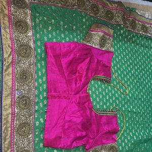 Parrot Green With Pink Embroidery Saree