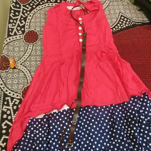 High Low Pink One Piece Dress With Belt