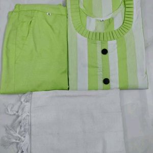 Women Khadi Cotton Kurti, Pant & Dupatta Set