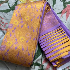 New Yellow N Purple Semi Kanchi Soft Silk Saree