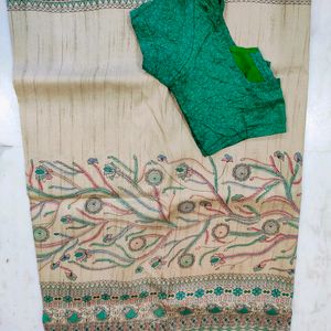 Beige Saree With Green Blouse
