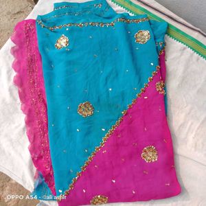 Embroidery Work Sree Two Colours Pink And Sky Blue