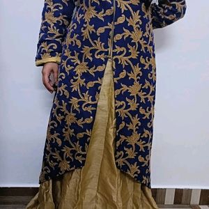 Navy Blue And Gold Designer Jacket Anarkali Suit