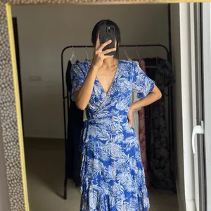 Palm Leaf Blue Print Wrap Mini Dress