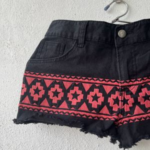 Black Denim Embroidered Shorts