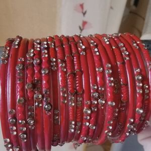 Red Glass Bangles With Stone Work