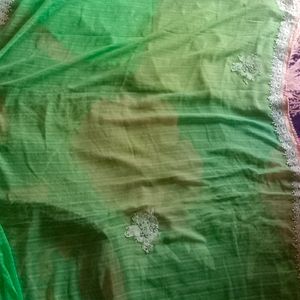 Green Chiffon Saree Pearl  With Stiched Blouse