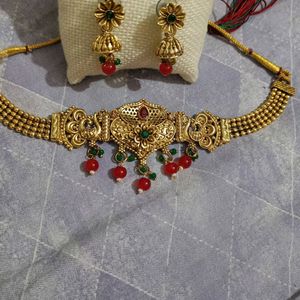 Gold Plated Multi Colour Necklace Set With Earring