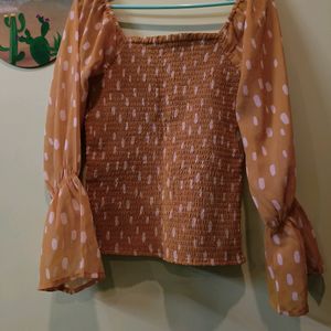 Polka Dot Print Top With Bishop Sleeves