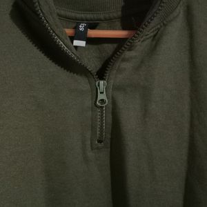 Collar Zip Drop Shoulder  Olive Sweatshirt