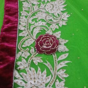 Net Saree, Neon Green Color With Heavy Embroidery.