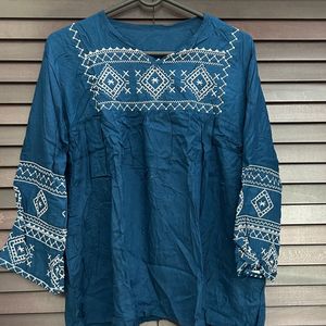 Blue Top With White Embroidered Sleeves