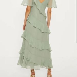 Asymmetric Ruffle Tiered Angel Sleeve Maxi Dress