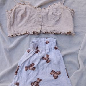 Cropped Tan Blouse And Teddy Bear Shorts