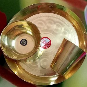 Brass Pooja Thali With Glass And Bowl