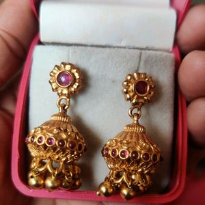 Gold Plated Jhumka With Ruby Stones