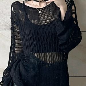 Y2k Distressed Oversized Crochet Knitted Black Top