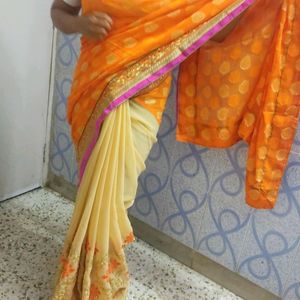 (FREE SHIPPING) Orange N Cream Saree Half Sare De