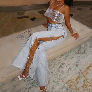 Side Slit Rhinestone Hanging Wide Legged Jeans