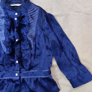 Korean Navy Blue Lace Shirt Top