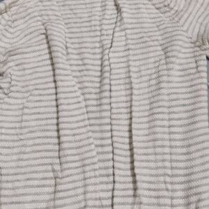 White Full Sleeve Shrug With Grey Stripes