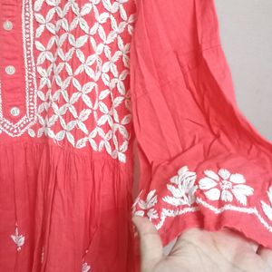 Coral Chikankari Cotton A-line Kurta