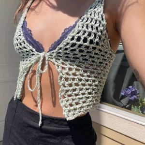 Handmade Crochet Mesh front tie Crop Top