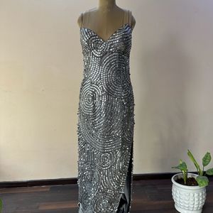 Silver Square Sequins Heavy Embellished Slit Dress